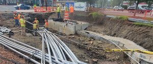 Installation of the communications duct bank on Lakeside Avenue near its intersection with Pine Street.