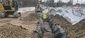 The installation of underdrain, a stormwater feature, beneath the new Champlain Parkway between Lakeside Avenue and Home Avenue.