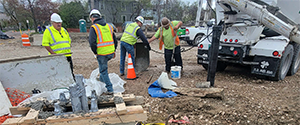 Concrete placement for the mast arm foundation for the traffic signal at Flynn Avenue and the Parkway.